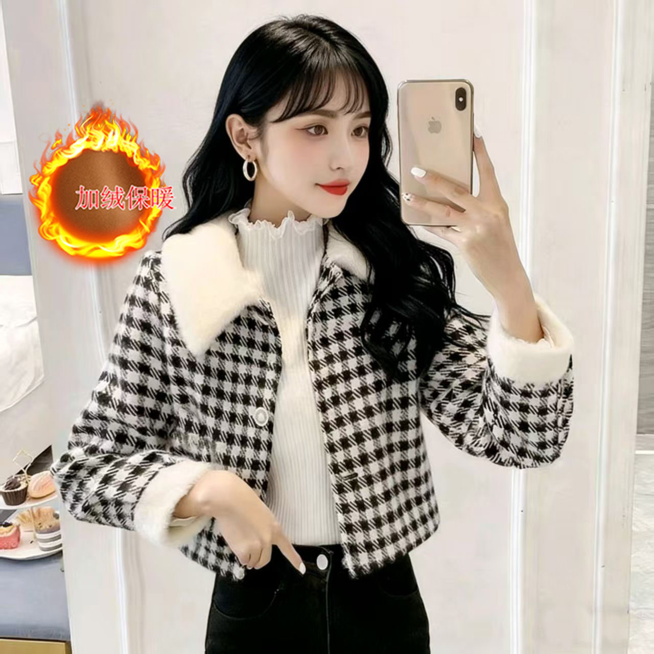 小香风千鸟格加绒短外套女秋冬2025新款气质小个子百搭修身上衣潮,女装/女士精品,短外套,淘宝优惠券,粉丝福利购,淘宝优惠卷