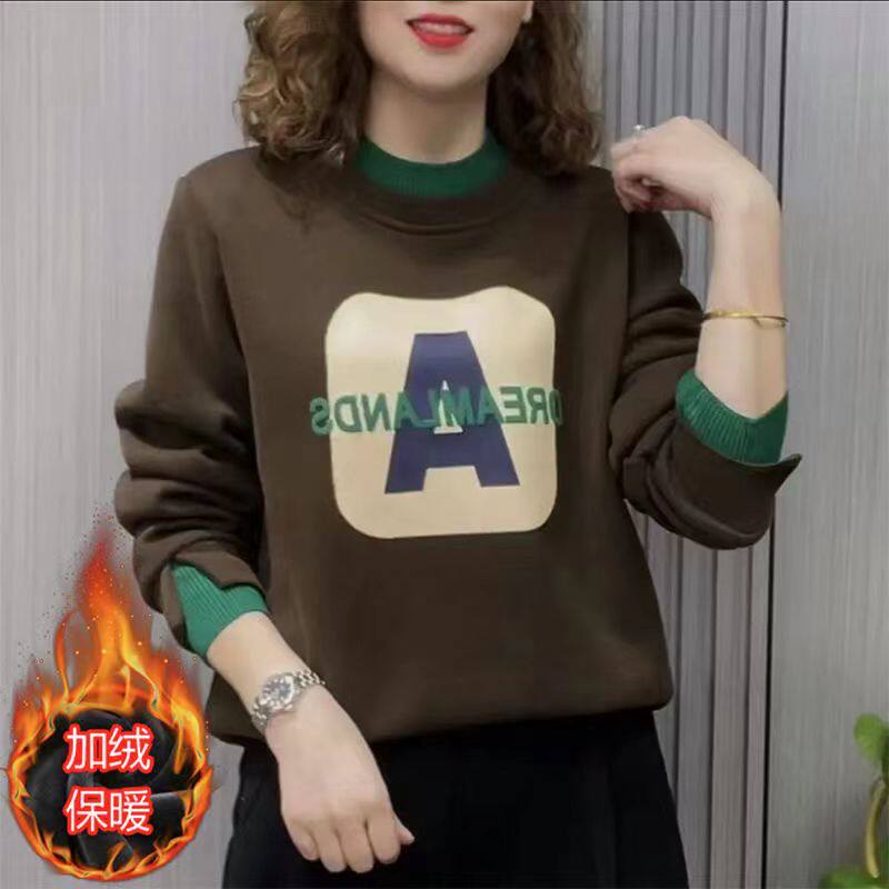 加绒加厚字母假两件卫衣女新款秋冬装时尚百搭半高领上衣休闲显瘦