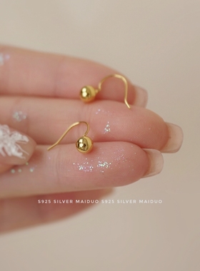 金色豆豆银豆豆s925纯银耳钉女简约耳钩式圆珠子水滴光面气质新