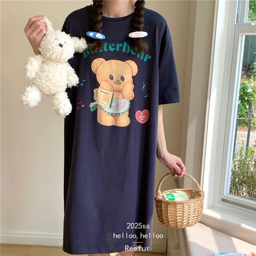 Reefur Rinka梨花家夏季丝光棉圆领卡通小熊印花宽松短袖睡裙