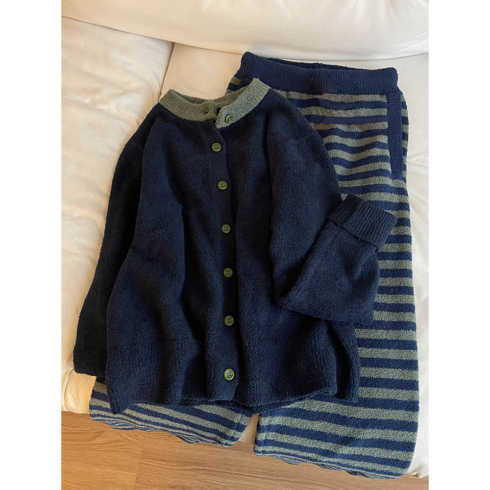 高级设计感条纹加绒加厚半边绒睡衣女冬大码保暖针织家居服