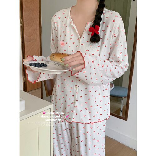 Reefur Rinka梨花家新款针织棉女V领对襟樱桃印花长袖套装家居服