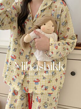 Mihashikk凯蒂猫咪睡衣女士春秋纯棉磨毛格子长袖长裤家居服套装