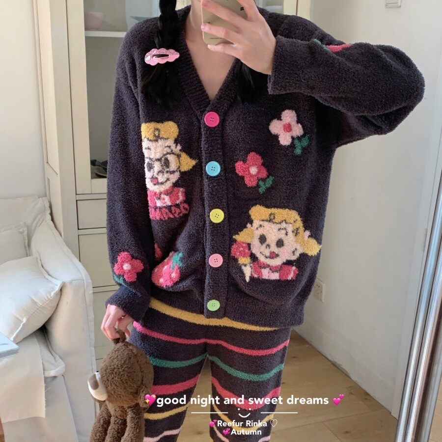 Reefur Rinka梨花家新款女V领加厚保暖眼镜女孩开衫长袖套装家居