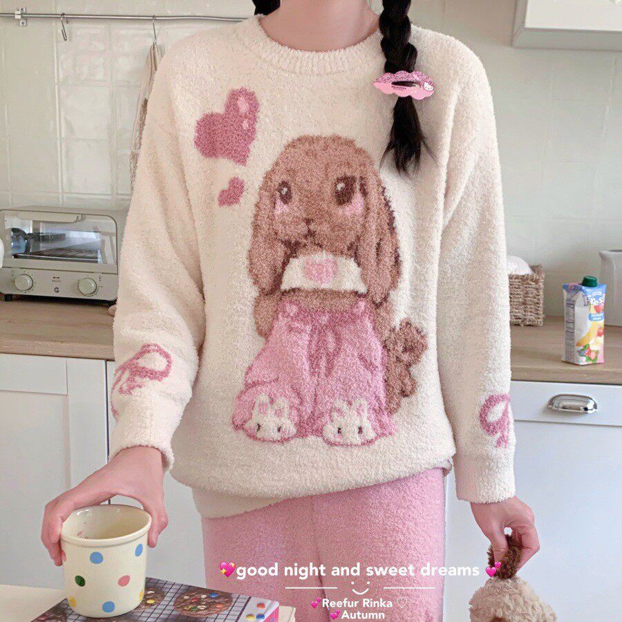 Reefur Rinka梨花家新款女圆领加厚保提花玩具熊兔长袖套装