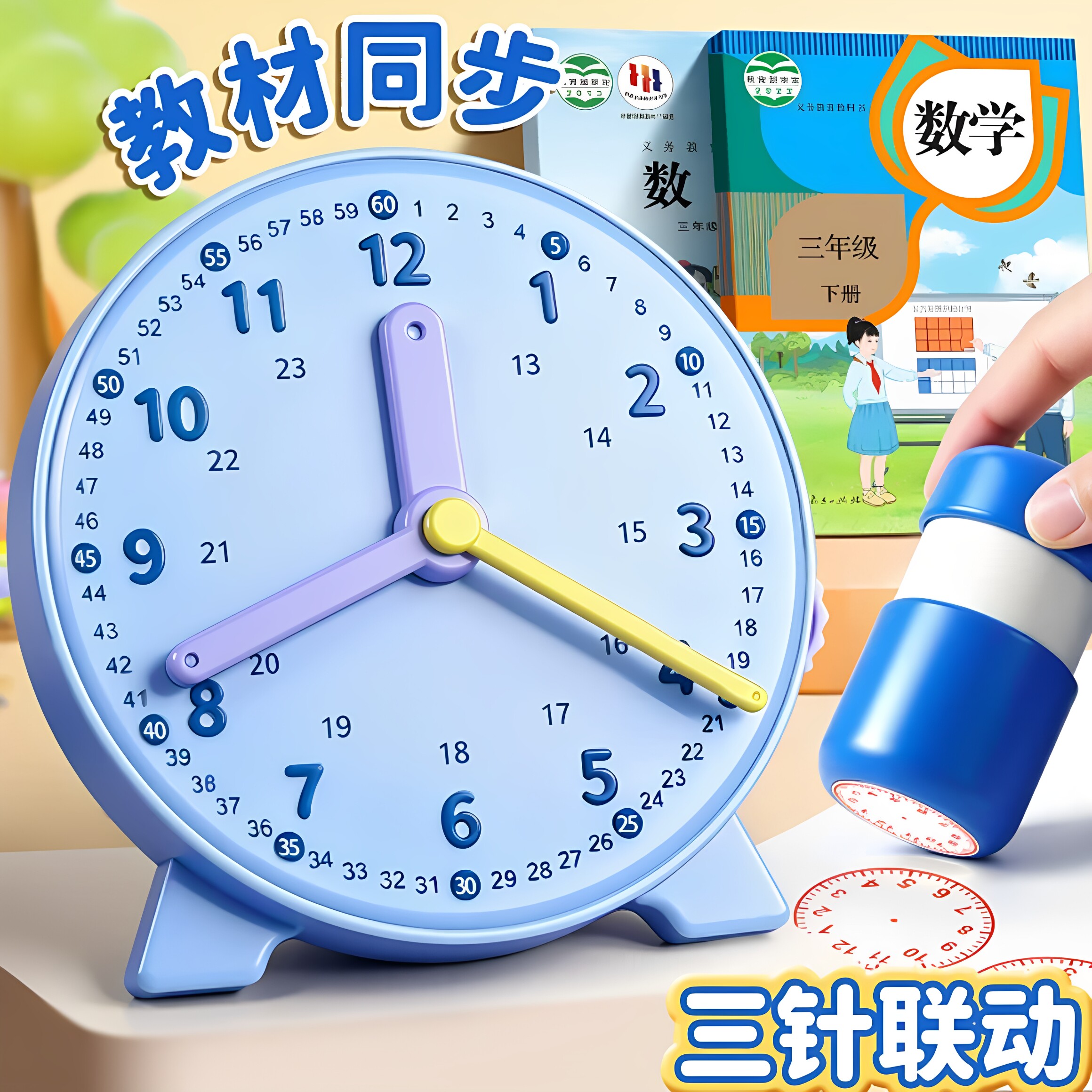 钟表模型小学教具家用时钟学具数学一二年级三针联动表盘认识时间