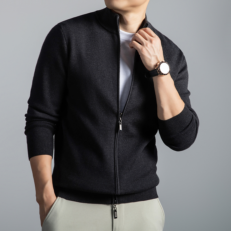 100%纯山羊绒开衫男加厚立领外套