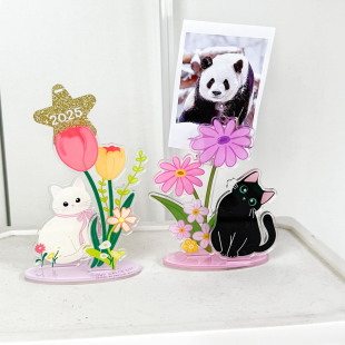 原创可爱花丛小猫立牌便签拍立得照片夹打工人桌面解压摆件小礼物