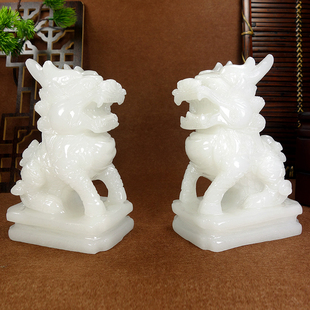 玉石白玉麒麟摆件手工雕刻动物祥瑞麒麟家居玄关客厅窗台摆件中式