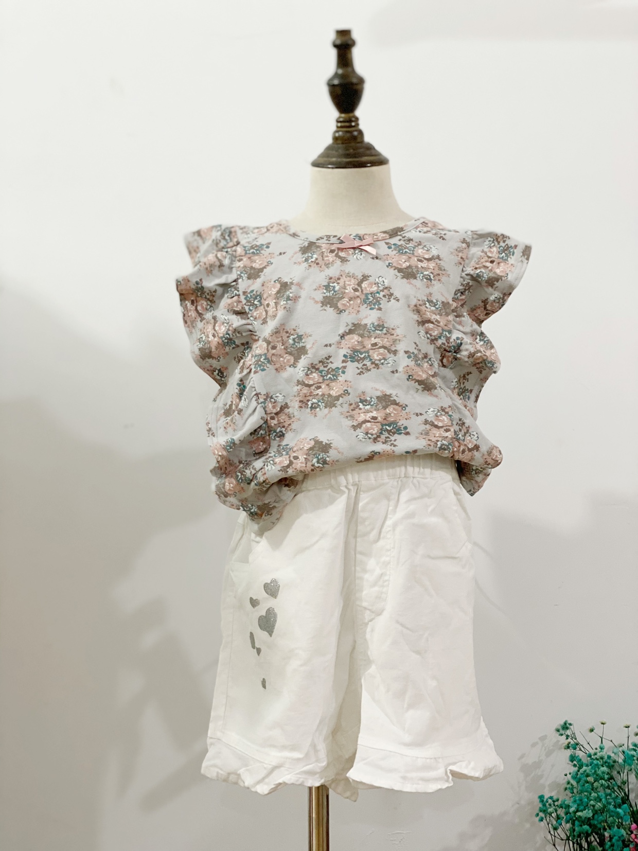 包邮韩国perimitz女童儿童莱卡棉小飞袖短袖T恤田园碎花110-150