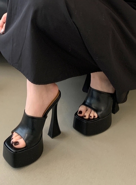 性感风黑色露趾粗跟凉鞋女水台超高跟厚底小个子增高一字拖舞台鞋