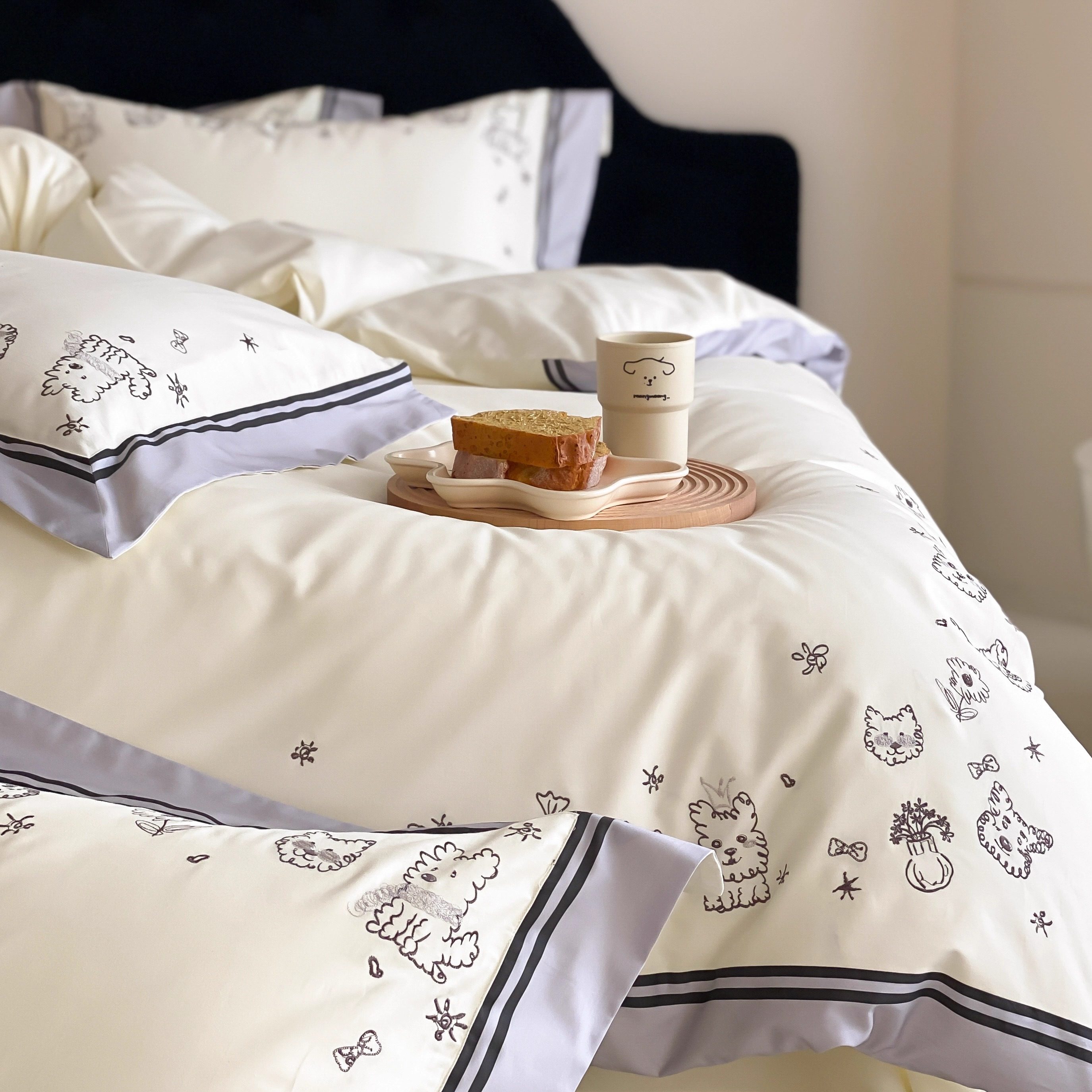 ins风长绒棉婴儿棉全棉床单床笠四件套小狗刺绣纯棉被套简约床品,床上用品,床品套件/四件套/多件套,淘宝优惠券,粉丝福利购,淘宝优惠卷