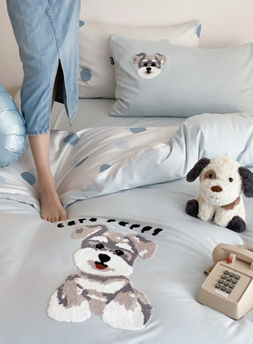 可爱长绒棉全棉床单三四件套雪纳瑞比熊蓝色纯棉被套ins卡通床品
