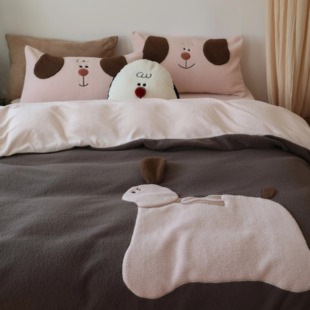 ins风秋冬牛奶绒床单四件套保暖柔软幸运狗加绒加厚被套可爱床品