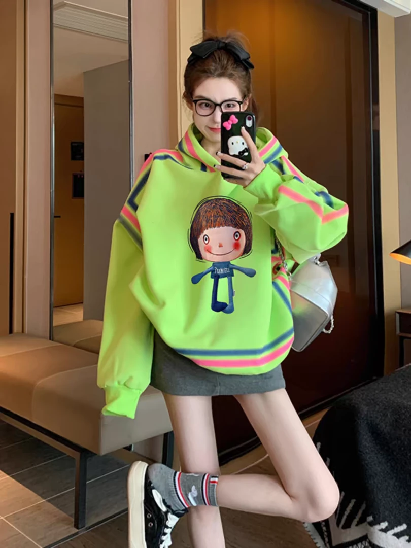 撞色连帽卫衣女2025新款秋冬款洋气独特别致中长款慵懒风外套上衣