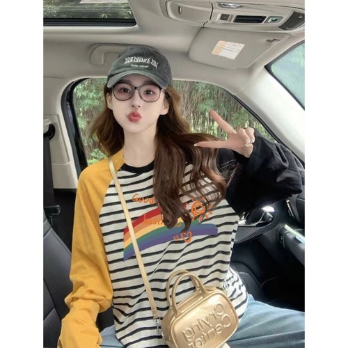 韩系条纹拼色长袖印花设计T恤女宽松显瘦春秋气质百搭打底衫上衣