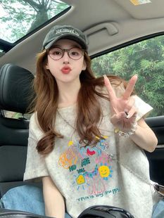 植物印花纯棉宽松显瘦上衣 韩国东大门灰色短袖 t恤女夏季 新款 半袖