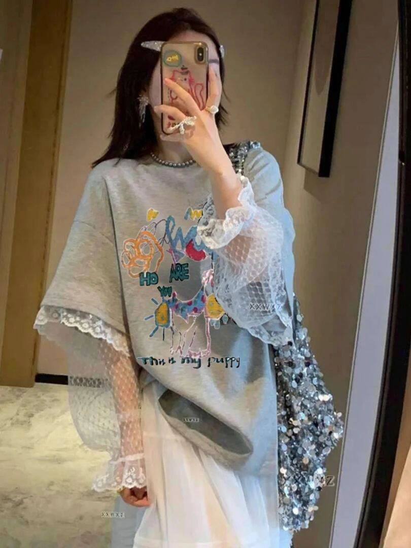 韩国东大门植物印花防晒蕾丝袖t恤女夏季新款假两件纯棉宽松上衣