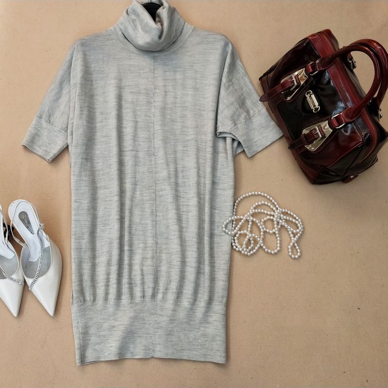 羊绒中长款毛衣短袖高领针织衫