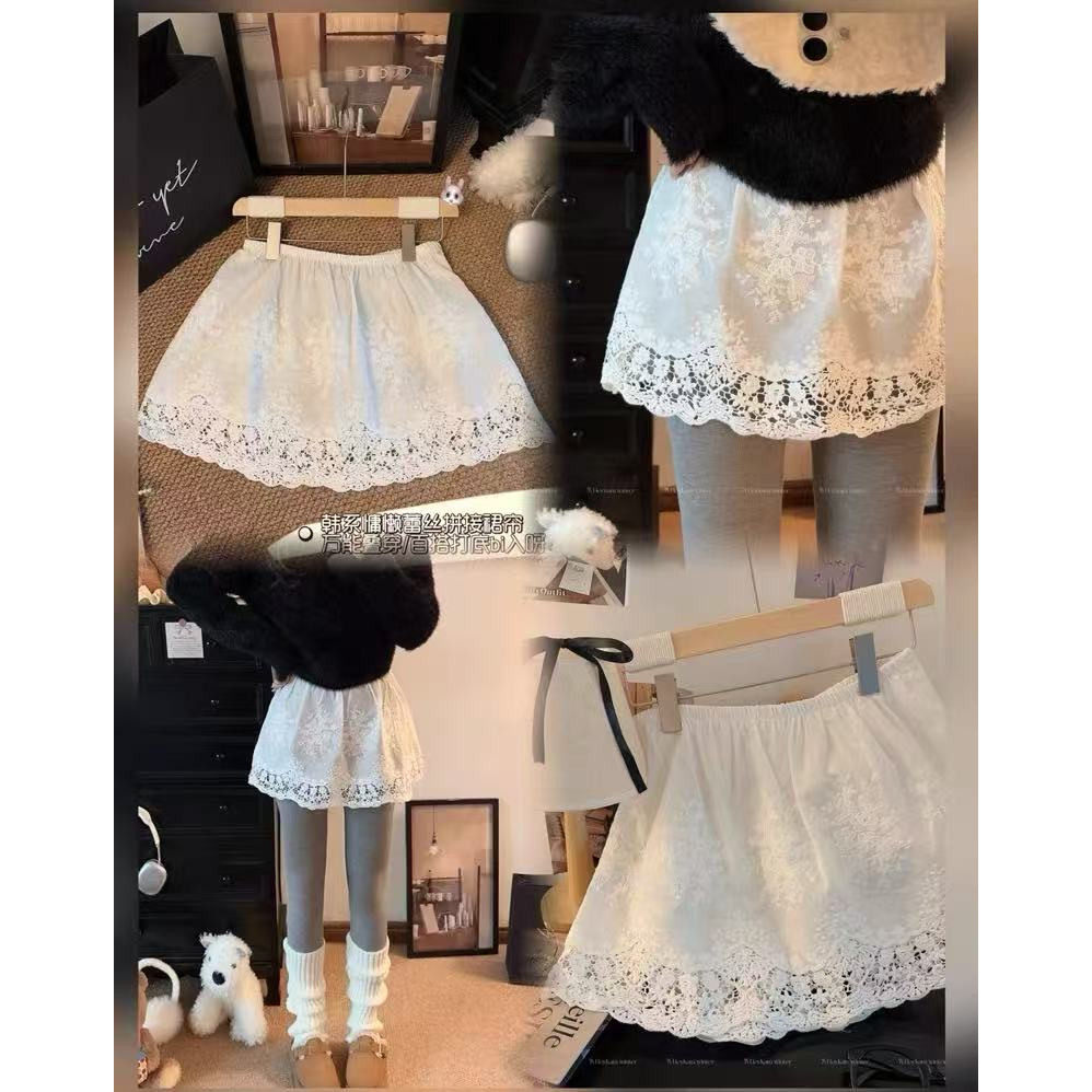春秋冬打底裙女高腰纯色蕾丝边百搭半身短裙时尚法式叠穿遮胯屁帘