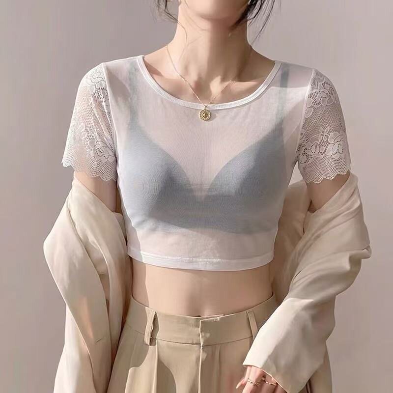 简约圆领蕾丝网纱短袖打底衫