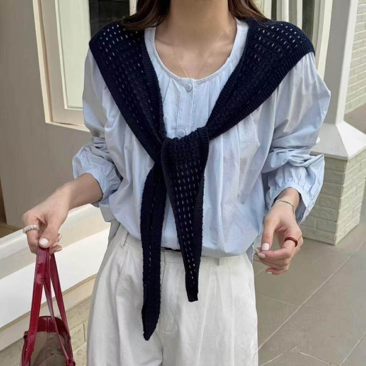 新款针织镂空纯色打结空调披肩薄款春夏季配衬衫百搭坎肩围巾假领
