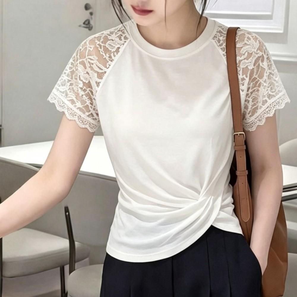 韩系蕾丝拼接大码短袖女夏新款温柔修身潮流好看显瘦时尚洋气上衣
