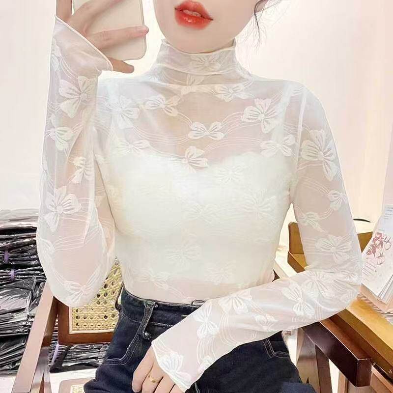 半高领网纱打底衫女秋冬新款内搭纱衣柔软洋气提花时尚蕾丝上衣