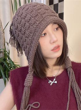秋冬新款针织帽子女保暖护耳可爱包头帽手工针织流苏毛线帽