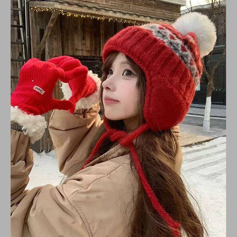 费尔岛风雷锋帽复古提花毛球帽