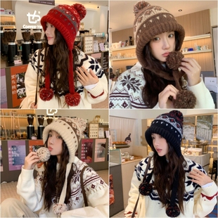 2025新款复古提花针织帽女秋冬保暖显脸小毛线帽百搭护耳雷锋帽