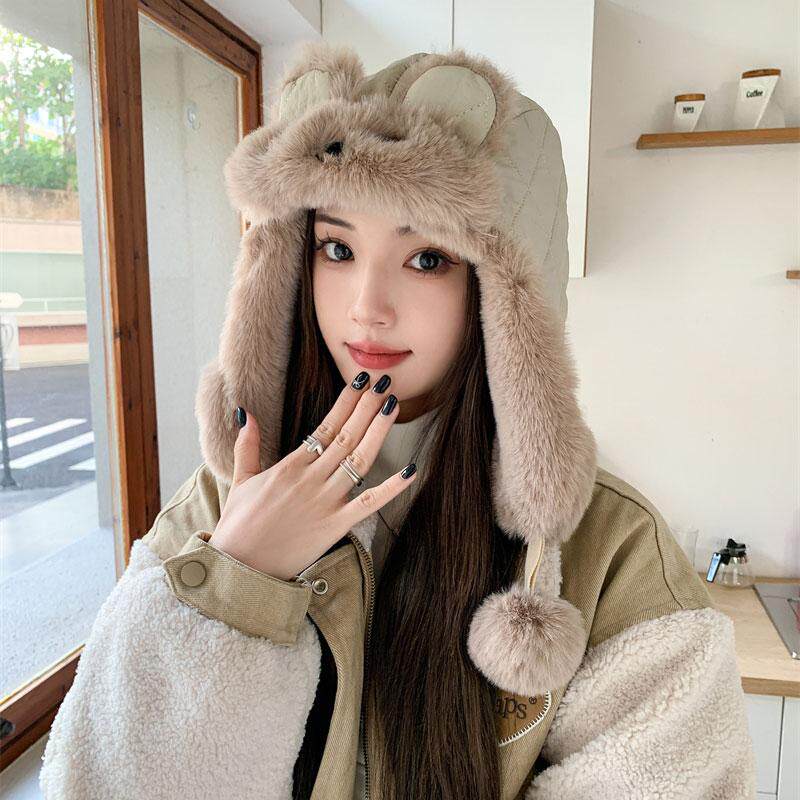 韩版小熊雷锋帽女护耳毛绒帽甜美冬帽保暖加绒骑车抗风秋冬套头帽