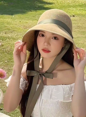 赫本风法式草帽女士高级感草编遮阳帽大檐显脸小防晒帽沙滩太阳帽
