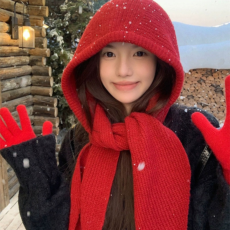 新款巴拉克拉法帽女秋冬保暖毛线帽子红色围巾一体连帽围脖针织帽
