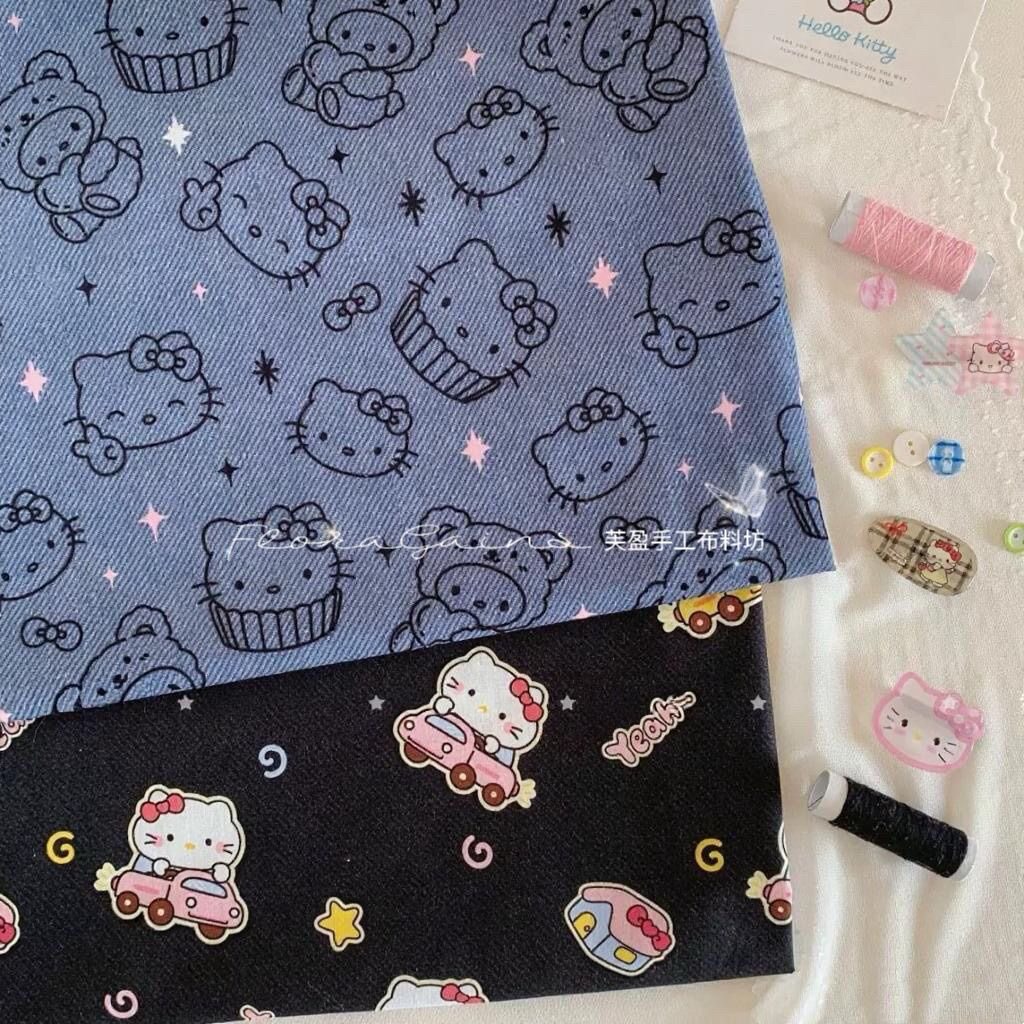 纯棉40支府绸印花面料韩系复古牛仔风可爱猫咪布料ins箱包diy服装