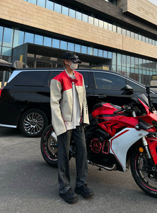 VTM复古万宝路拼色机车皮衣外套美式短款赛车男女同款夹克