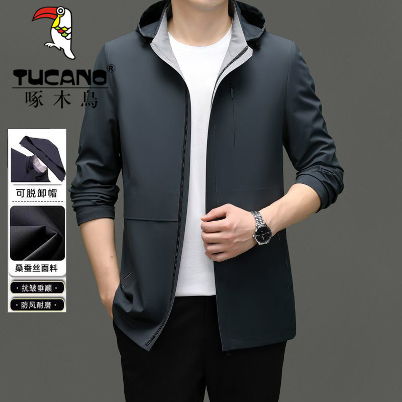 啄木鸟春秋季爸爸可脱卸帽中年立领夹克男中老年品牌宽松父亲外套