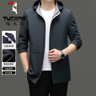 啄木鸟秋季爸爸可脱卸帽中年立领夹克男装中老年品牌宽松父亲外套