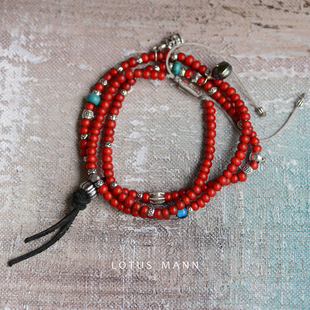 限量红色/罕见橙古董白芯琉璃非洲贸易纯银Vintage手链LotusMann