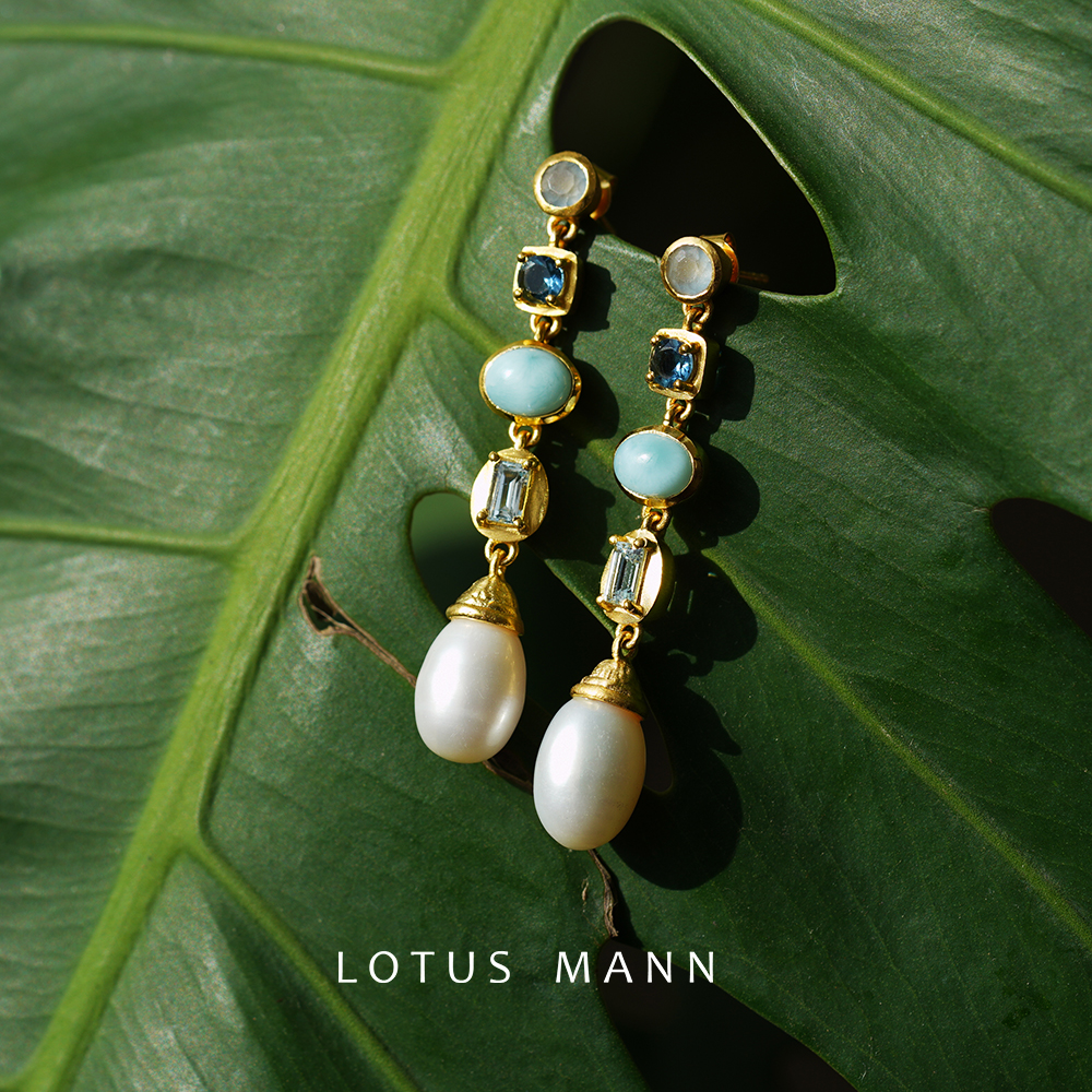 海与珍珠 限量海蓝宝海纹石托帕石珍珠磨砂金耳环