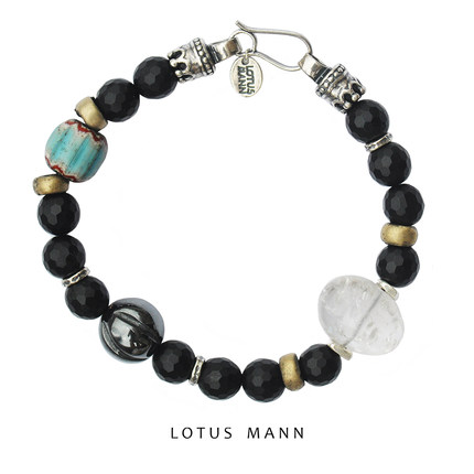 聚能净化.白水晶与磨砂黑玛瑙琉璃珠925银手链Lotus Mann