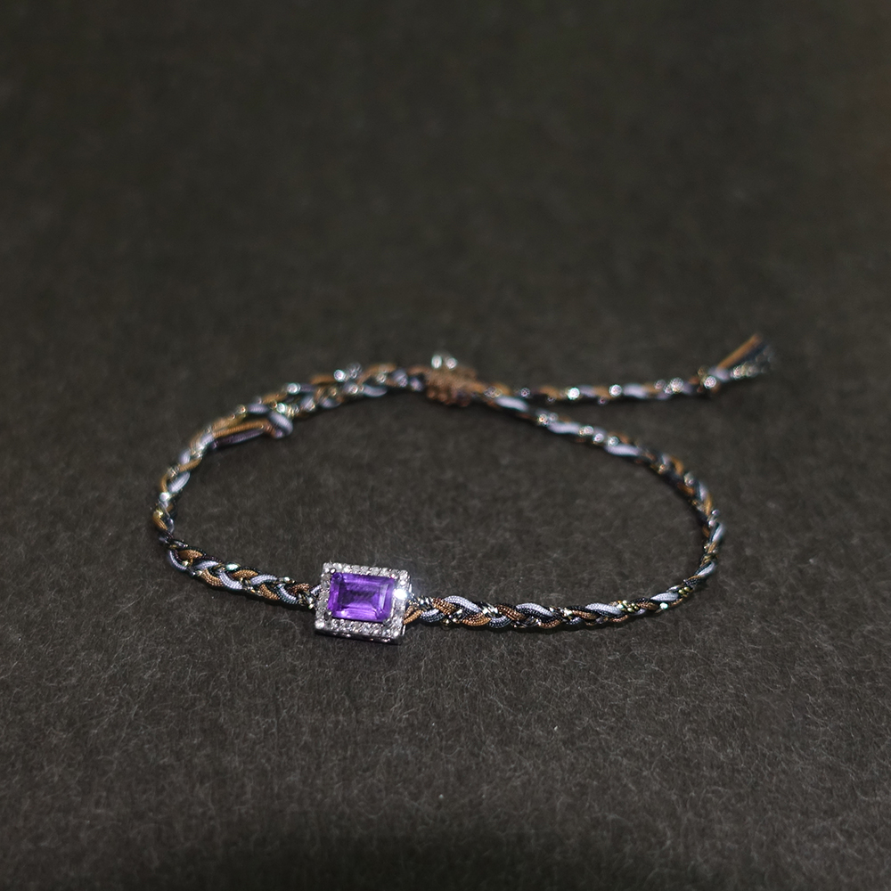 三色.宝石级紫水晶与天然香槟钻编绳手链