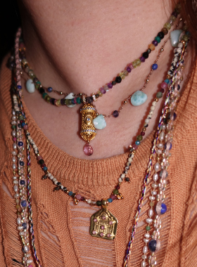 朝霞神殿.粉碧玺多宝石银镀金可调节项链/手链Lotusmann