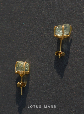 自由.天然原矿海蓝宝.三月诞生石.工匠系列手工银镀金耳钉