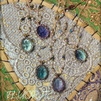 Fluorite人间七色光. 宝石级萤石与红蓝宝祖母绿编绳项链藤蔓