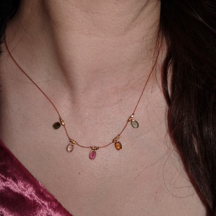 限量.彩色碧玺多宝石与真丝绳编织手工银镀金迷你项链