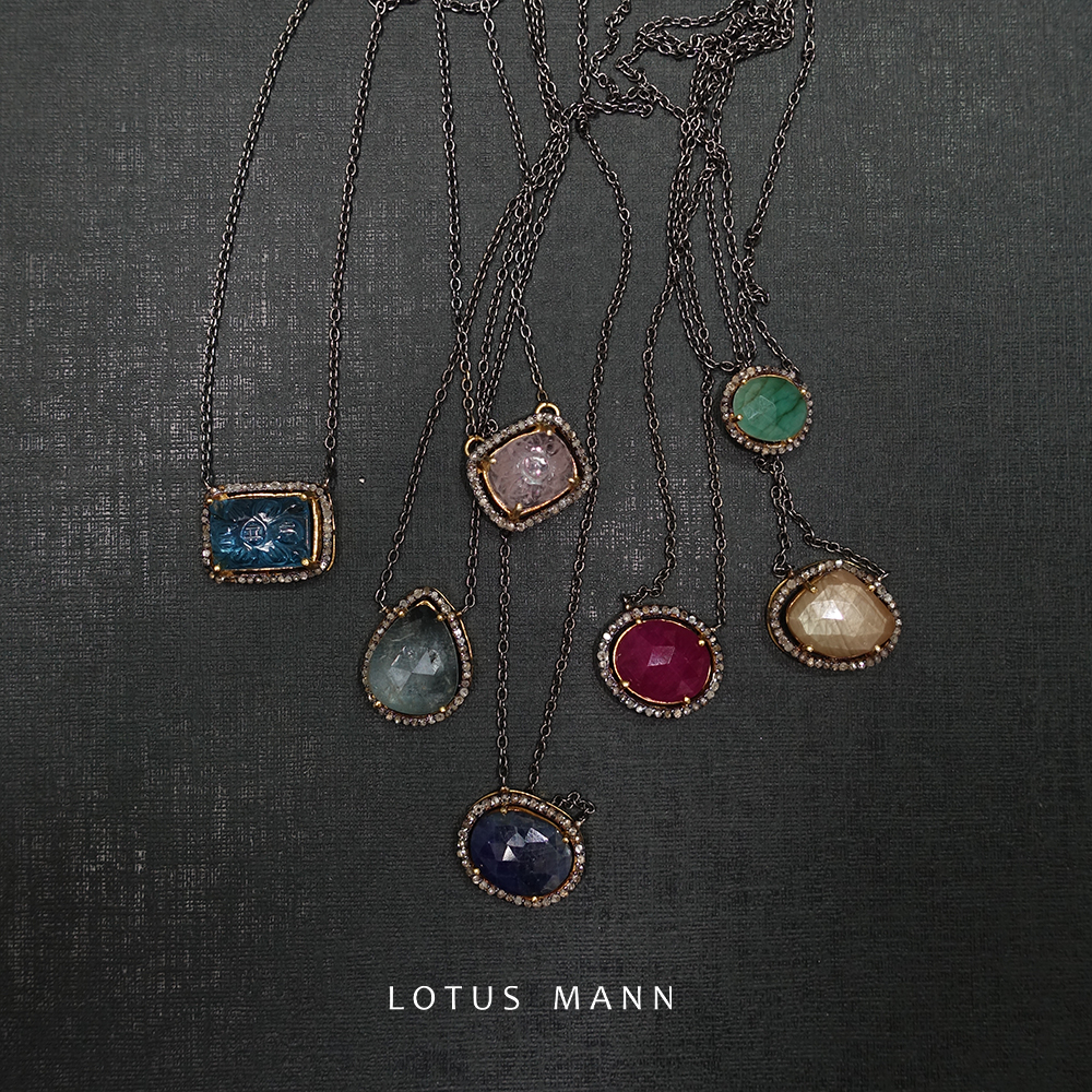 天然红蓝宝石与钻石包镶大颗925银黑银项链7月9月生辰石