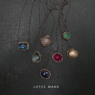 天然红蓝宝石与钻石包镶大颗925银黑银项链7月9月生辰石