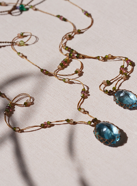 宝石级托帕石.十一月生辰.与碧玺编绳项链藤蔓天空蓝瑞士蓝