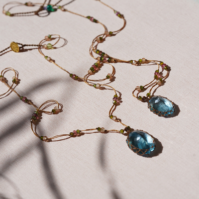 宝石级托帕石.十一月生辰.与碧玺编绳项链藤蔓天空蓝瑞士蓝